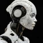 A white robot is standing in front of a black background