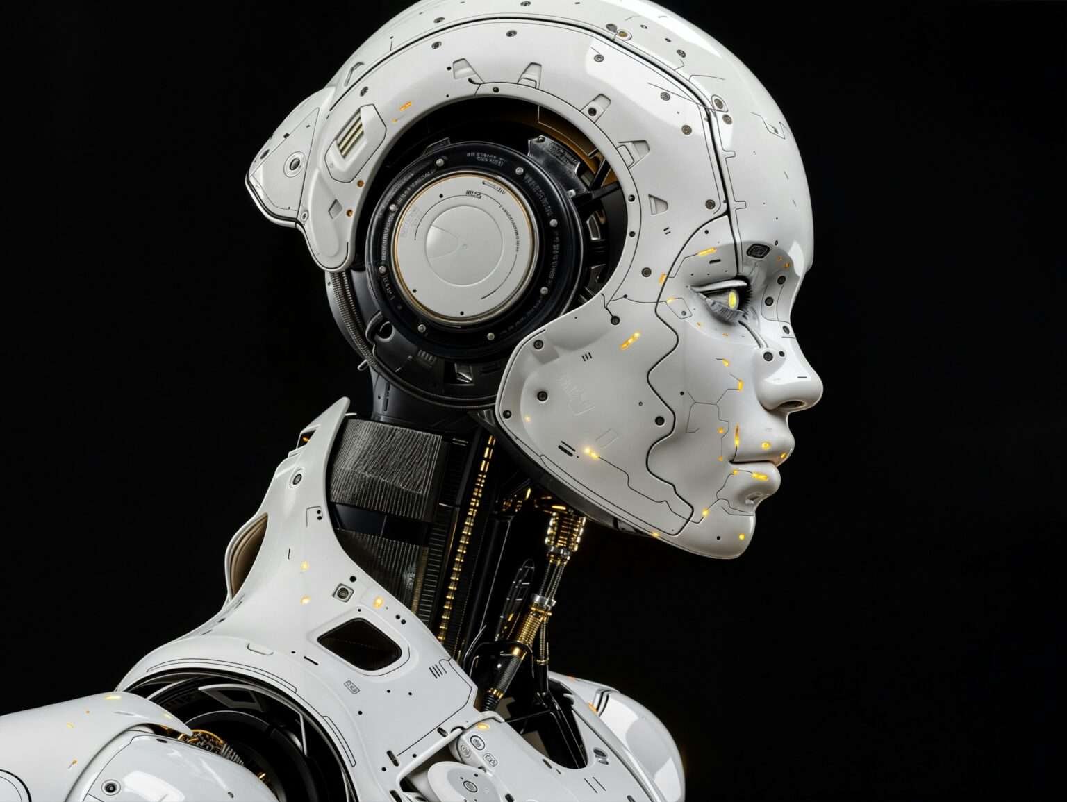 A white robot is standing in front of a black background