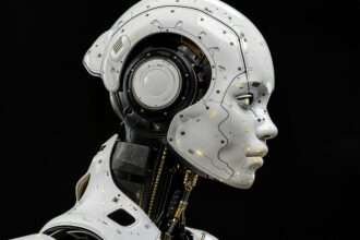 A white robot is standing in front of a black background