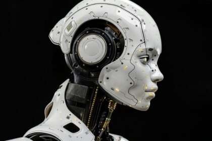 A white robot is standing in front of a black background