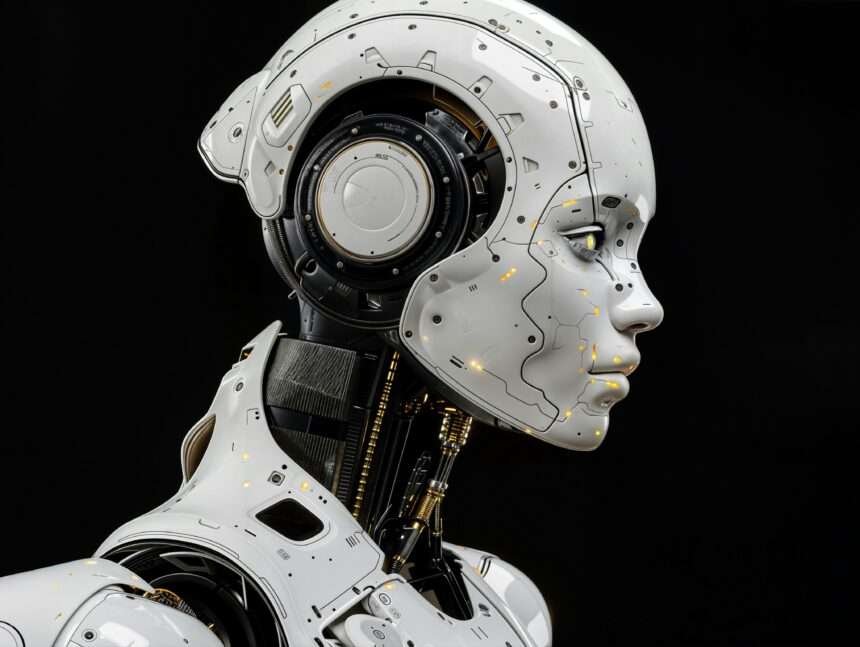 A white robot is standing in front of a black background